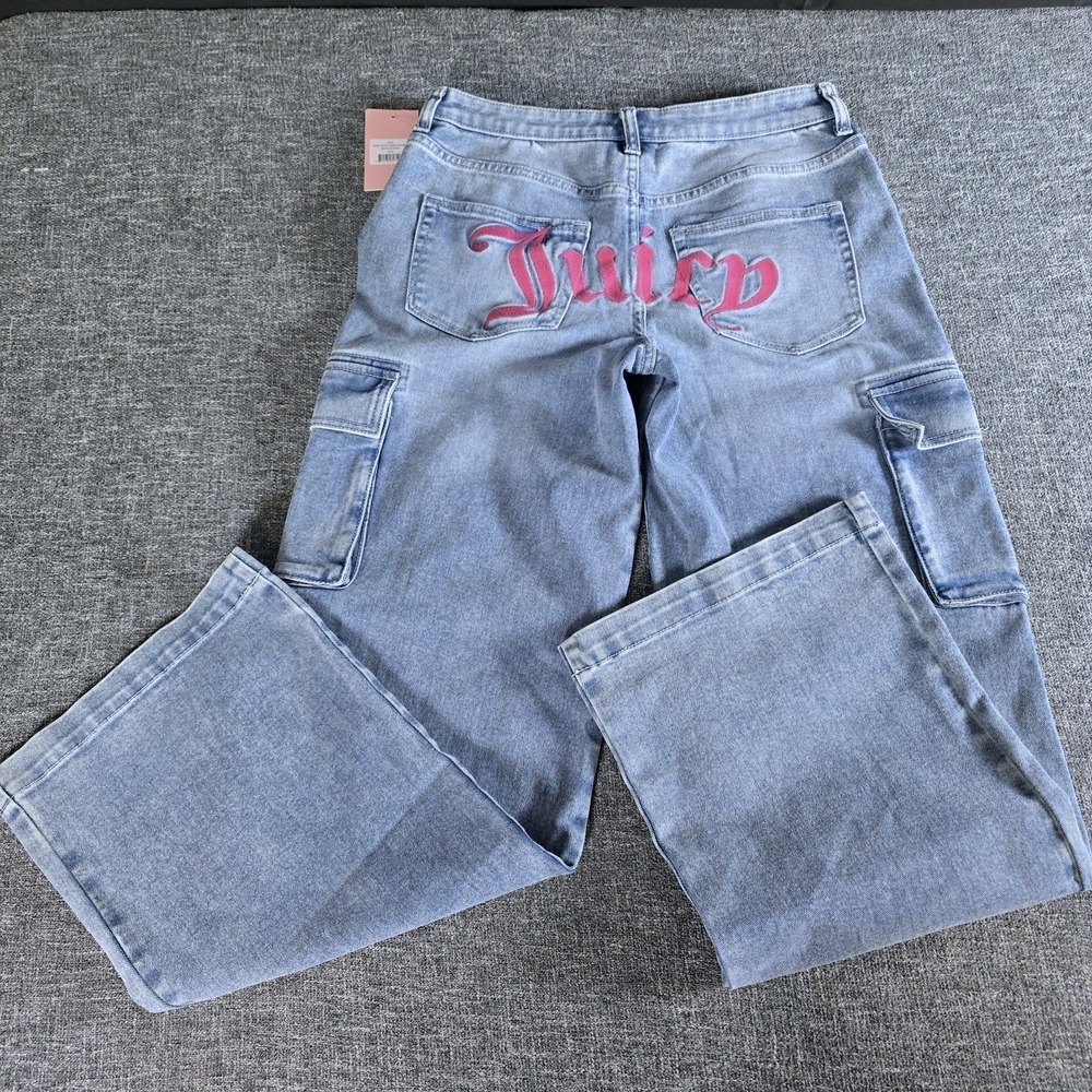 Juicy Couture Abbot Wide Leg Cargo Jeans Medium Wash Embroidered Logo Size 9/29